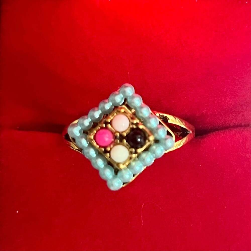 Vintage Gold Titanium Multi-Stone Cluster Ring Turquoise And Pearls Size 9